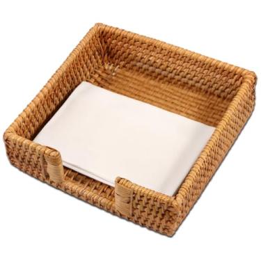 Imagem de Suporte de guardanapo de vime natural, cesta de guardanapo de vime para cozinha, dispensador de tecido decorativo à mão estilo boho, suporte de guardanapo plano para mesa, bandeja de cesta de