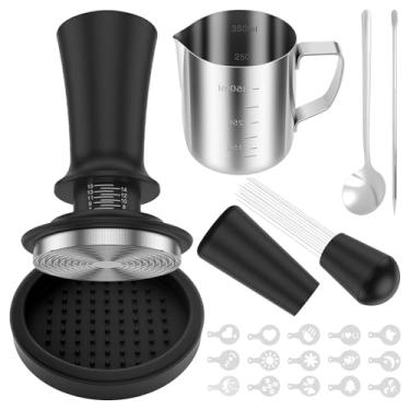 Imagem de Conjunto de calcadeira de café, conjunto de adulteração de café expresso de 51 mm com ferramenta WDT, jarra de espuma de 340 g, caneta latte art, agitador de café, tapete de adulteração, 16 estênceis