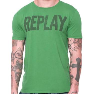 Imagem de Camiseta Replay Masculina Logo Silk Verde, XL/GG