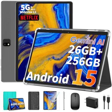 Imagem de Tablet Android 15 2025 com teclado, 26 GB (6 + 20) RAM + 256 armazenamento (expansão para 2 TB), bateria de 8000 mAh, Widevine L1, tablets 2 em 1 de 10 polegadas com Wi-Fi 5G/2.4G, BT5.0, certificado