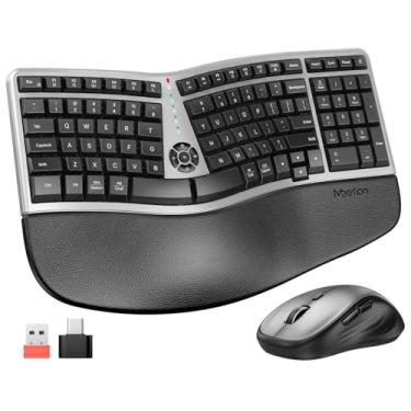 Imagem de MEETION Teclado e mouse ergonômicos sem fio combinados, teclado compacto curvo de 2,4 G com descanso de pulso acolchoado, mouse sem fio ajustável DPI de 4 níveis para Windows, Mac e computador