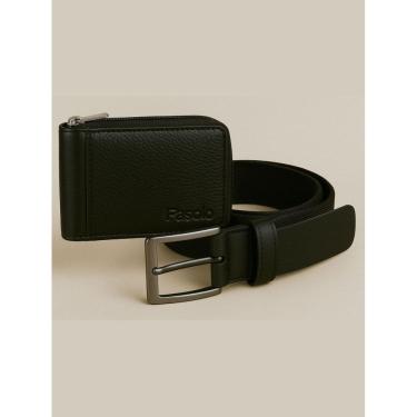 Imagem de Kit Masculino Fasolo Carteira Zíper E Cinto Couro Preto 110