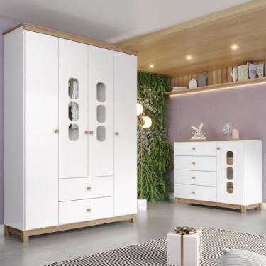 Imagem de Quarto de Bebê Completo Aconchego 5 Portas 6 Gavetas com Vidro Branco/