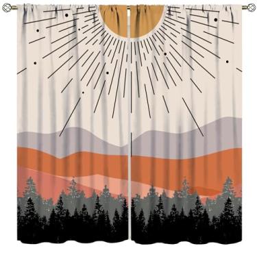 Imagem de Cortinas florestais boho, estética natural moderna de meados do século, estampa de montanha, pôr do sol, decoração de casa para quarto, sala de estar, cozinha, janela, tratamento de 2 painéis