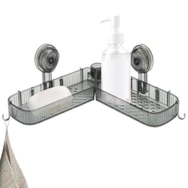 Imagem de DODAMOUR Suporte de chuveiro de canto de sucção, organizador de banheiro sem broca montado na parede com orifícios de drenagem, prateleira de plástico removível para banheiro, cozinha, sala de estar e