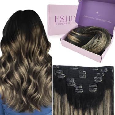 Imagem de Fshine Clipe em Cabelo Humano Balanyage 22 Polegada Preto para Caramelo Loiro e Off Black Clipe em extensões de cabelo humano Double Weft Clip em extensões de cabelo para mulheres 7pcs 120 Gramas