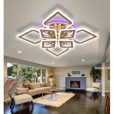 Imagem de Luminária de teto LED dourada quadrada com controle remoto, regulável e com mudança de cor, lâmpadas de cristal LED RGB, iluminação de teto multifuncional moderna para quarto, sala de estar