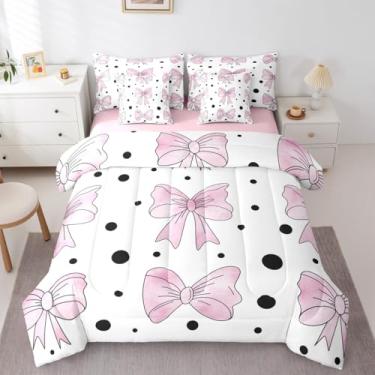 Imagem de Erosebridal Conjunto de cama de 7 peças com laço, laço duplo, com bolinhas, aquarela, ombré, princesa, kawaii, fofo, para meninas e mulheres, conjunto de cama geométrica
