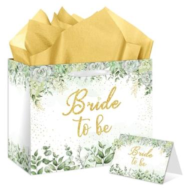 Imagem de HSKMAKE Saco de presente de chá de panela verde sálvia, grande bolsa de presente para noiva com papel de seda, papel de embrulho e cartão, sacos de presente de chá de casamento para despedida de