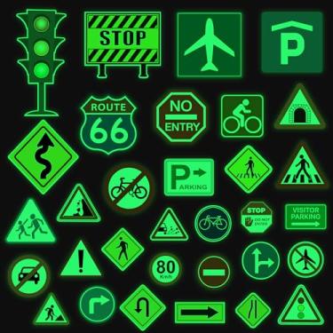 Imagem de Adesivos de parede de sinal de estrada que brilham no escuro, adesivos de parede de sinais de rua de trânsito, adesivos de luz de sinalização de estrada de transporte, decoração de teto luminosa