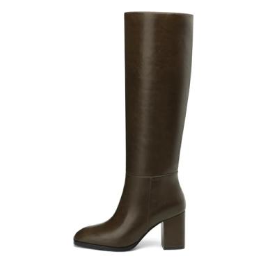 Imagem de NUMALEO Botas femininas na altura do joelho, salto grosso, bico quadrado, botas longas de 7,6 cm para mulheres, botas GoGo com zíper lateral, Verde militar, 38