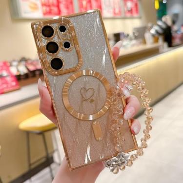 Imagem de Capa com pulseira de cristal gradiente com glitter em formato de coração para Samsung S25 Ultra, capa magnética para Samsung S24 Ultra S23FE S22 S21, capa macia dourada para Samsung S21
