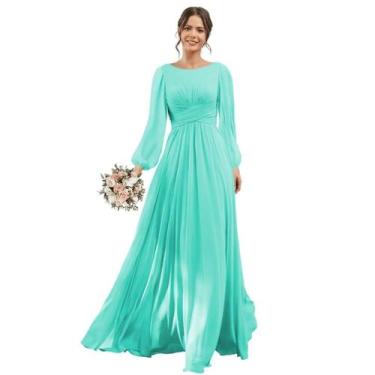 Imagem de Vestido de dama de honra YOFF turquesa, chiffon, mangas esvoaçantes, t