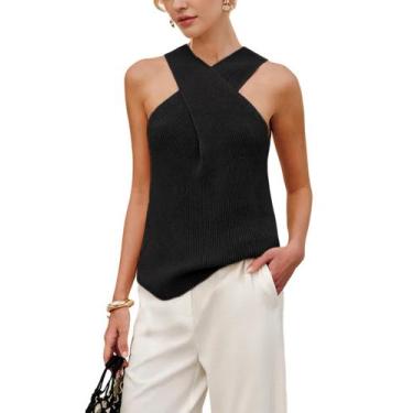 Imagem de Blusa feminina Yeokou Halter Cross Over Gola Tricotada Preta
