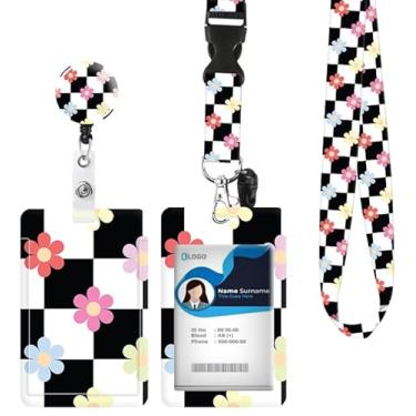 Imagem de Porta-crachá de identificação com cordão retrátil e chaveiro, carretel de crachá com clipe de mosquetão giratório, etiqueta de nome de cartão xadrez floral colorido, cordão protetor de identidade