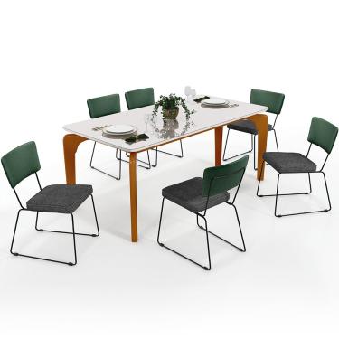 Imagem de Mesa Capri 160cm Off White E 6 Cadeiras Allana B05 Facto Verde Musgo Linho Cinza Escuro - Lyam Decor