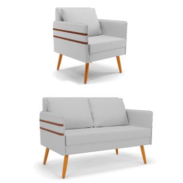 Imagem de Kit 01 Namoradeira 02 Lugares e 01 Poltrona Mari Linho Cinza A05 Pés Palito Castanho - D'Rossi