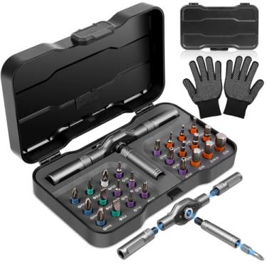 Imagem de Conjunto de chave de fenda catraca magnética 24 em 1 + luvas, alça T, eixo flexível de combinação DIY, brocas de aço S2, alça destacável, adequado para móveis, reparo de eletrodomésticos de precisão