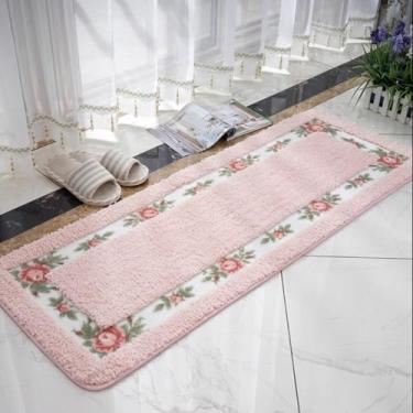 Imagem de Lindos tapetes de área de flores rosas para sala de estar quarto tapete felpudo absorvente rosa tapete de banheiro lavável tapete de cozinha 17,71 x 49,21 polegadas
