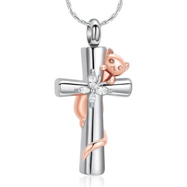 Imagem de AIWENXI Joias de cremação cruzada, gato, borboleta, urna, colares para homens e mulheres, aço inoxidável, memorial para animais de estimação, pingente, lembranças, joias, presentes, Aço inoxidável