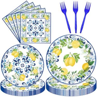 Imagem de 100 peças de utensílios de mesa de limão – Pratos descartáveis de azulejo azul com tema cítrico, guardanapos e garfos azuis para festas de verão, piqueniques, churrascos, brunch, casamentos