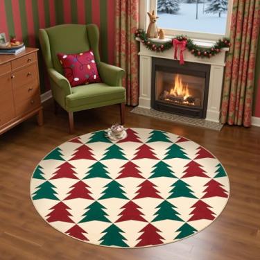 Imagem de jinchan Tapete redondo de Natal para sala de estar, 1,5 m, círculo, para quarto, estampado, vermelho, verde, árvore de Natal, 1,5 m, decoração de Natal, tapete lavável para sala de jantar, hall de