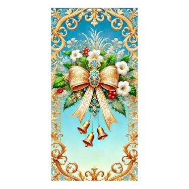 Imagem de BlissYard Capa de porta de Natal elegante fita de sinos dourada 71 x 35 polegadas para porta da frente Feliz Natal faixa de varanda feriado decoração de entrada sazonal decoração de portas de pátio