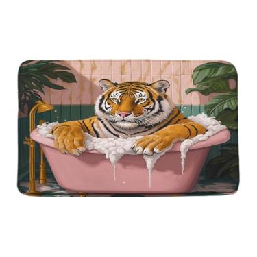 Imagem de Tapete de banho com folhas de palmeira de tigre, tigre marrom engraçado na banheira, bolha animal selvagem asiático, selva tropical, boêmio, banheiro, cozinha, tapete de espuma de memória, 43 x 74 cm