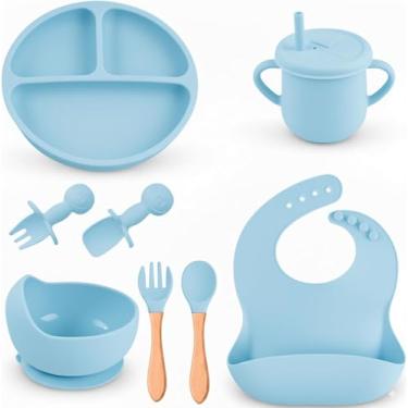 Imagem de Kit Refeição Bebê Silicone 08 Peças Introdução Alimentar BLW Seguro Livre BPA Ventosas Prato Talher Copo Antiderrapante (Azul bebe)