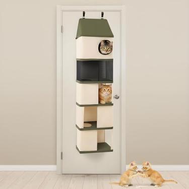 Imagem de Torre de árvore de gato suspensa de 5 níveis para gatos com menos de 18 kg, móveis montados na porta, economia de espaço, níveis de interconexão, níveis de malha, montagem dobrável e sem ferramentas