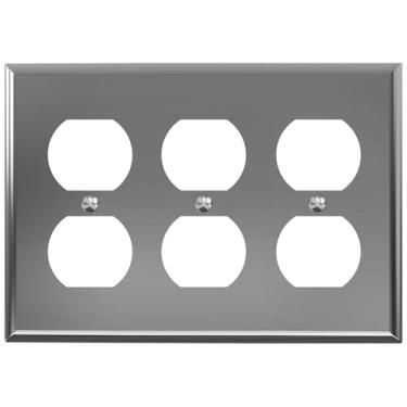 Imagem de ELEGRP Tampa de tomada de aço inoxidável com receptáculo duplex, placa de parede de metal de 3 faixas, capa de tomada de parede de tamanho padrão, capa de placas frontais de saída dupla, listado na