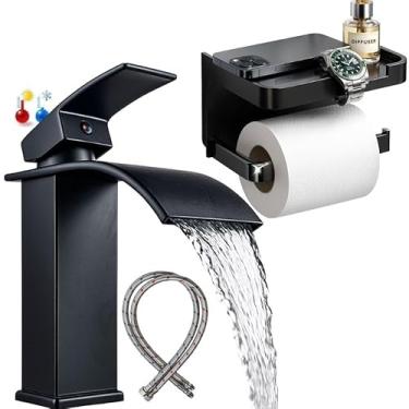 Imagem de Kit Torneira Misturador Cascata Água Quente Fria Preto Fosco Aço Inox Com Suporte Papel Higiênico Porta Celular Prateleira Banheiro Completo
