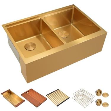 Imagem de MILOSEN Pia de cozinha de fazenda dourada de 71 cm, avental de estação de trabalho de aço inoxidável de 71 cm x 56 cm, pia frontal com borda e acessórios, pias de fazenda de tigela dupla 50/50, pias