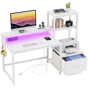 Imagem de GreenForest Mesa De Computador Com Gavetas E Suporte Para Monitor, Mesa De Escritório Em Casa Com Prateleiras De Armazenamento, Mesa De Jogos Pequena Com Tomadas Elétricas E Luzes Led Para Estudo, E