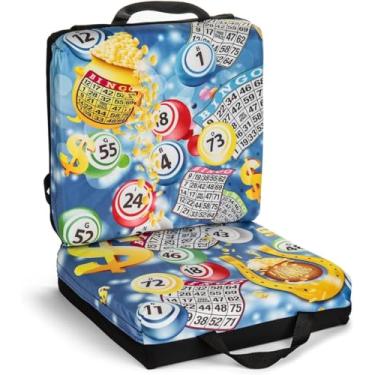 Imagem de Almofada de assento padrão azul Bingo Jackpot – Bolsa de armazenamento e alças, almofada extra grossa de 7,6 cm com alça – Almofada de cadeira dobrável confortável para noites de bingo