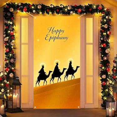 Imagem de BlissYard Merry Christmas Three Kings Capa de porta de camelo 71x35 polegadas Holiday Front Porch Door Banners Decoração Inverno Epifania Natividade Homens Sábios Vela Deserto Noite para Sinal Festa
