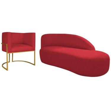 Imagem de Kit Divã Luna 160cm Lado Direito E 01 Poltrona Base De Ferro Dourada Suede Cor Vermelho