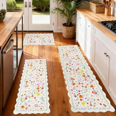 Imagem de CQKEDMA Conjunto de 3 tapetes de cozinha recortados, antiderrapante, lavável, tapetes de cozinha acolchoados antifadiga para o chão, tapete floral boho impermeável para lavatório, lavanderia, banheiro