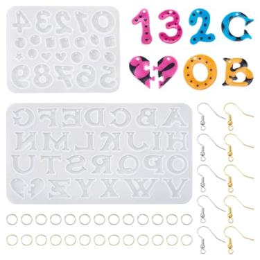 Imagem de 2 peças de moldes de pingente de alfabeto com números de silicone, molde de fundição epóxi com ganchos de brinco, anéis de salto para kit de fabricação de brincos faça você mesmo, chaveiro de resina