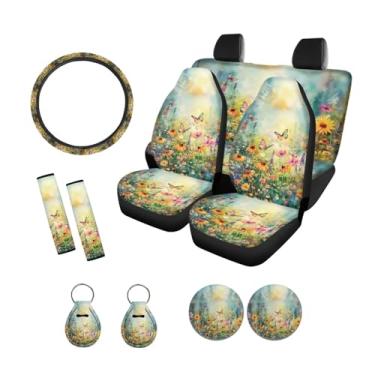 Imagem de Xoenoiee Butterfly Vibrant Floral Pattern 11 Pcs Universal SUV Car Seat Covers Auto Interior Acessórios Conjunto Completo com Capas de Volante, Almofadas de Cinto de Segurança, Chaveiro e Tapete de