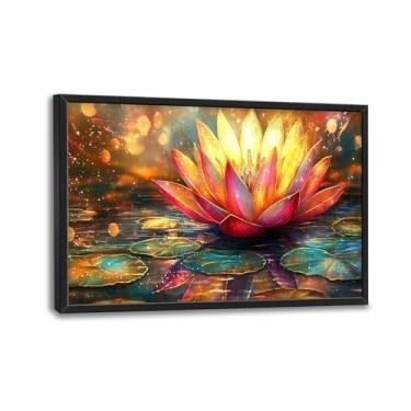 Imagem de Arte de parede de lótus grande emoldurada para sala de estar, decoração de parede de flor de lótus grande, pintura em tela floral dourada zen, arte moderna, decoração de casa para sala de estar