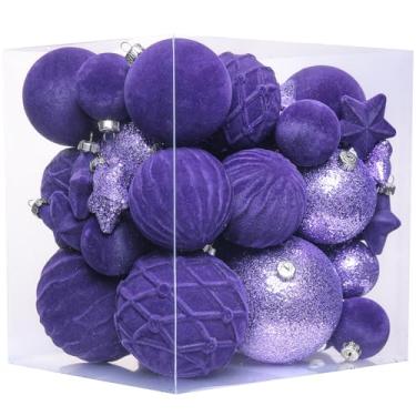 Imagem de 38 peças de enfeites de bola de Natal de veludo roxo, decorações de árvore de Natal com enfeites de papel, conjunto de decoração de Natal pendurado à prova de estilhaçamento para escritório, casa