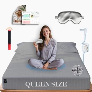 Imagem de Ali King Lençóis de aterramento – Queen Size, algodão macio com fibra prateada, 38 cm com bolso profundo e aterramento terrestre para melhorar o sono (cinza claro, Queen 152 cm x 203 cm x 38 cm)