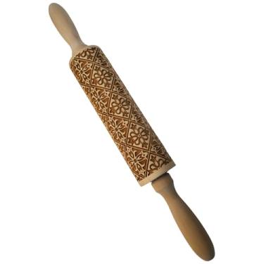 Imagem de Rolo de massa gravado com padrão vintage, rolo de carimbo de biscoito de madeira com alça redonda, ideal para decorar biscoitos e biscoitos, simples de limpar