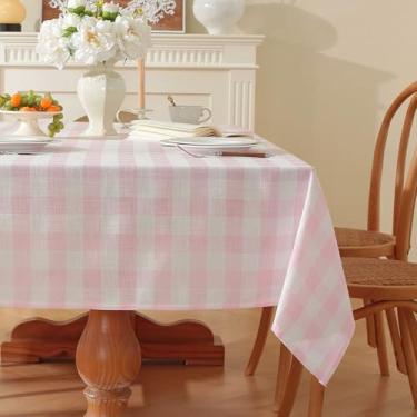 Imagem de gillhov Toalha de mesa xadrez retangular, tecido de linho de algodão, sem rugas, lavável e xadrez, para cozinha, jantar, piquenique, acampamento, rosa e branco, 140 x 218 cm