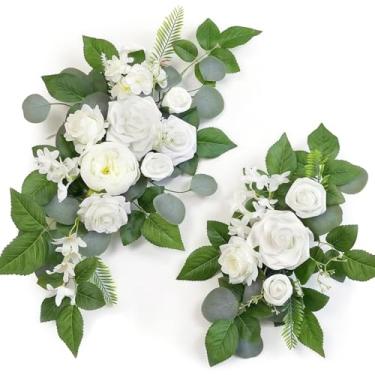 Imagem de LUMINFLY Par de flores de arco de casamento floral falso, brindes decorativos brancos para cerimônia sinal de boas-vindas e pano de fundo de recepção, arranjo de flores de seda para decoração de