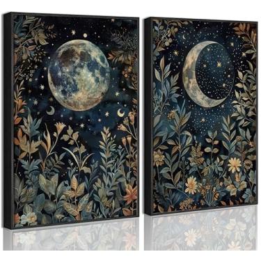 Imagem de 2 peças de arte de parede em tela celestial vintage emoldurada, sol e lua, eclipse botânico celestial, botânico, estético, escuro, academia, fotos, decoração de parede, pôster, arte impressa, para