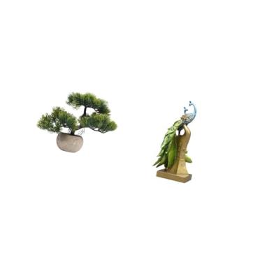 Imagem de Fenteer Estátua Artificial de Pavão em Bonsai, Escultura de Planta Artificial, Coleção de Bonsai com Folhagem, Estatueta Decorativa para Centros de Mesa, Pres