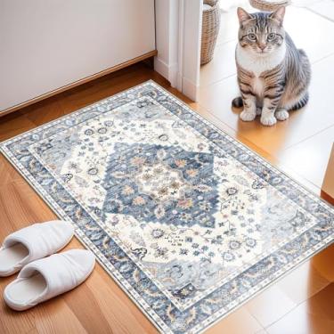 Imagem de Enkor Tapetes macios de área, laváveis, antiderrapantes, boho, pequenos tapetes para sala de estar, quarto, estilo vintage, tapete de casa de fazenda para entrada de cozinha, azul e branco
