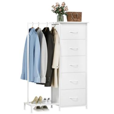 Imagem de Somdot Cômoda com suporte para pendurar, armário pequeno com 5 gavetas para quarto, cômoda de quarto com sapateira, cômoda de armazenamento 2 em 1, torre de armazenamento alta, moldura resistente